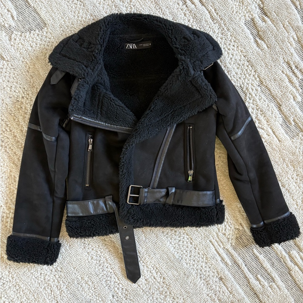 Zara Black Zara Suede Jacket with Faux Shearling inside